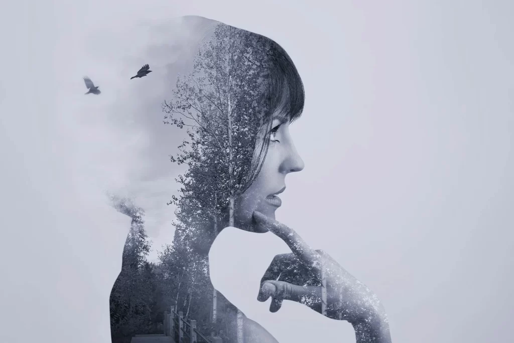 drawing of woman self reflecting